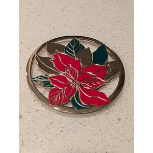 Christmas‎ Trivet Vintage Poinsettia Kitchen Red Green Gold Metal Holiday Decor